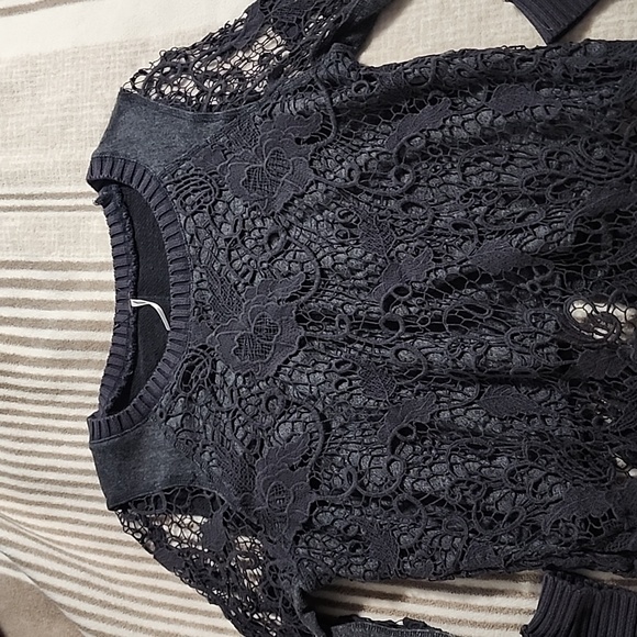 Free People “Pretty Rad” Sweater Gray Lace Crochet Split Back - Picture 4 of 8